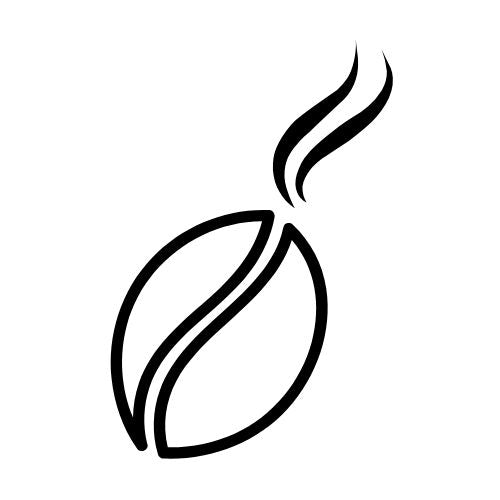 Eine einfache schwarze Strichzeichnung einer Kaffeebohne mit zwei geschwungenen Linien darüber, die aufsteigenden Dampf darstellen und eine heiße, frisch geröstete Kaffeebohne suggerieren.