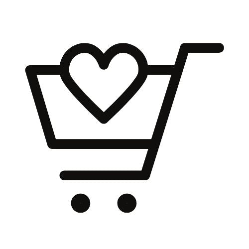 Ein einfaches schwarzes Einkaufswagen-Symbol mit einer Herzform im Inneren des Wagens, das das Einkaufen mit Liebe oder Lieblingsartikeln symbolisiert.