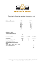 Datenblatt für die Keramikmasse G&S 240 mit chemischer Analyse, Angaben zur Steinzeugqualität, Brenntemperaturbereich, einer Datentabelle und dem Goerg & Schneider-Logo oben.