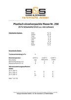 Datenblatt zur Keramikmasse G&S 258 mit chemischer Analyse, Eigenschaften, Schwindung und Wasseraufnahme bei 1000–1240 °C. Steinzeugqualität mit schwarzer Schamotte. Inklusive Firmenlogo und Kontaktinformationen.