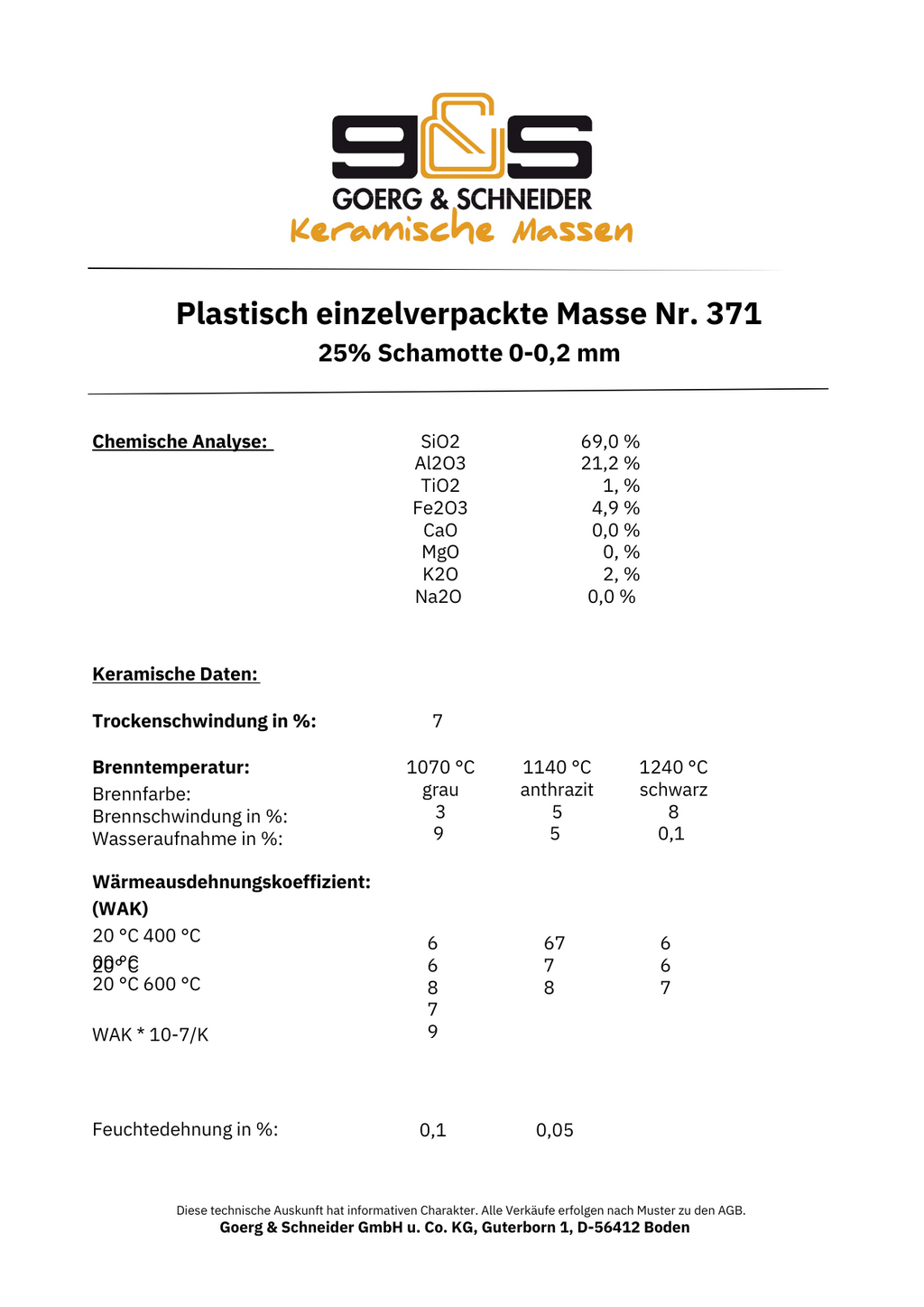 Ein deutsches Datenblatt für G&S 371 von Goerg & Schneider enthält chemische Analyse, Brennbereich, keramische Eigenschaften und Kontaktdaten mit Firmenlogo. Geeignet für Steinzeugqualität auf der Töpferscheibe.