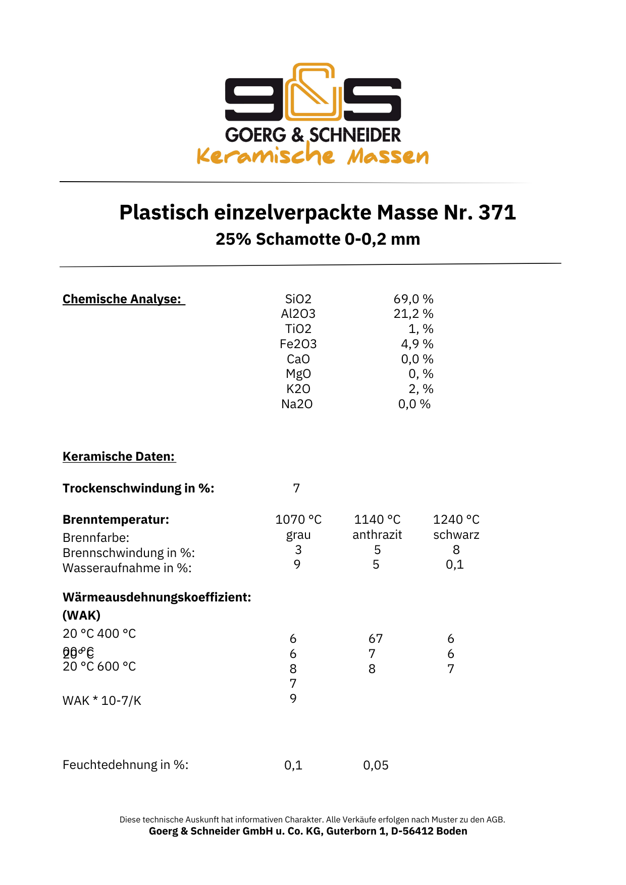 Ein deutsches Datenblatt für G&S 371 von Goerg & Schneider enthält chemische Analyse, Brennbereich, keramische Eigenschaften und Kontaktdaten mit Firmenlogo. Geeignet für Steinzeugqualität auf der Töpferscheibe.