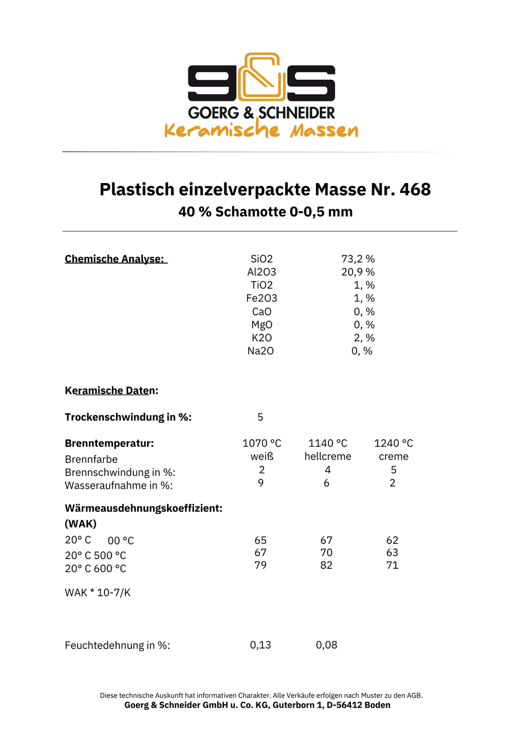 Produktdatenblatt für G&S 468 von Goerg & Schneider mit detaillierten Angaben zur chemischen Analyse, keramischen Eigenschaften und Werten für Modelliermasse mit 40 % Schamotte (0–0,5 mm), ideal für Platten- und Rollentechniken in Steinzeugqualität.
