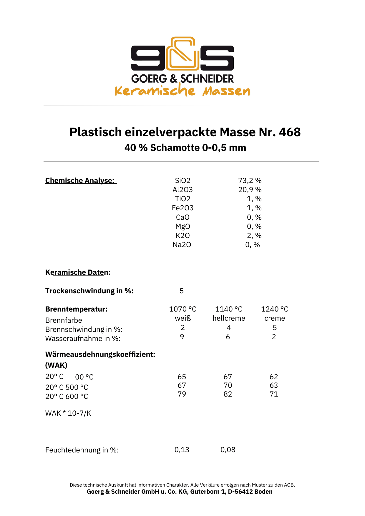Produktdatenblatt für G&S 468 von Goerg & Schneider mit detaillierten Angaben zur chemischen Analyse, keramischen Eigenschaften und Werten für Modelliermasse mit 40 % Schamotte (0–0,5 mm), ideal für Platten- und Rollentechniken in Steinzeugqualität.