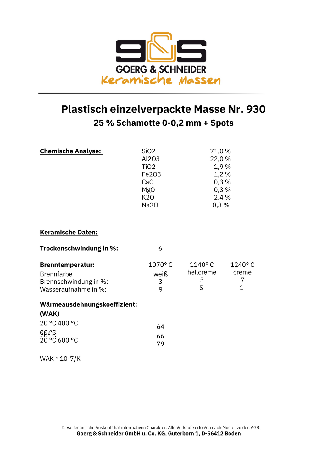 Datenblatt für G&S 930 (Spotmasse) von Goerg & Schneider mit chemischer Analyse, keramischen Daten, Eignung zum Töpfern, Brennbereich, Wasseraufnahme und Schwindungsprozenten in Steinzeugqualität.