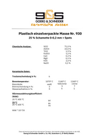 Datenblatt für G&S 930 (Spotmasse) von Goerg & Schneider mit chemischer Analyse, keramischen Daten, Eignung zum Töpfern, Brennbereich, Wasseraufnahme und Schwindungsprozenten in Steinzeugqualität.