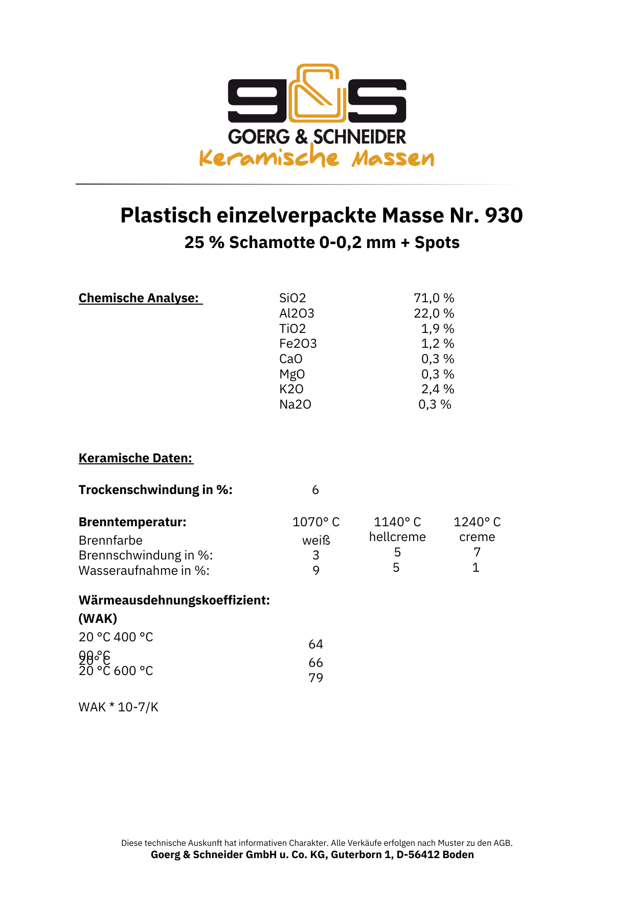 Datenblatt für G&S 930 (Spotmasse) von Goerg & Schneider mit chemischer Analyse, keramischen Daten, Eignung zum Töpfern, Brennbereich, Wasseraufnahme und Schwindungsprozenten in Steinzeugqualität.